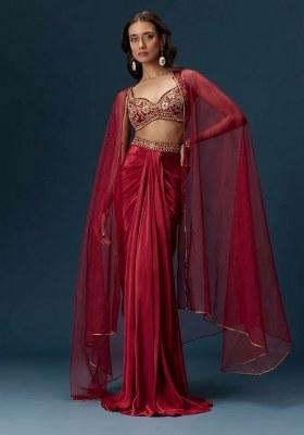 Wine Red Hand Work Satin Fusion Set