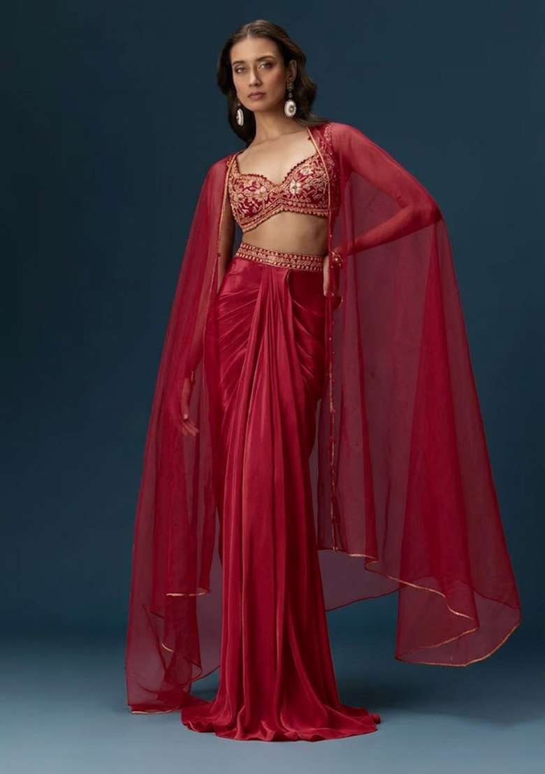 Wine Red Hand Work Satin Fusion Set - Indya
