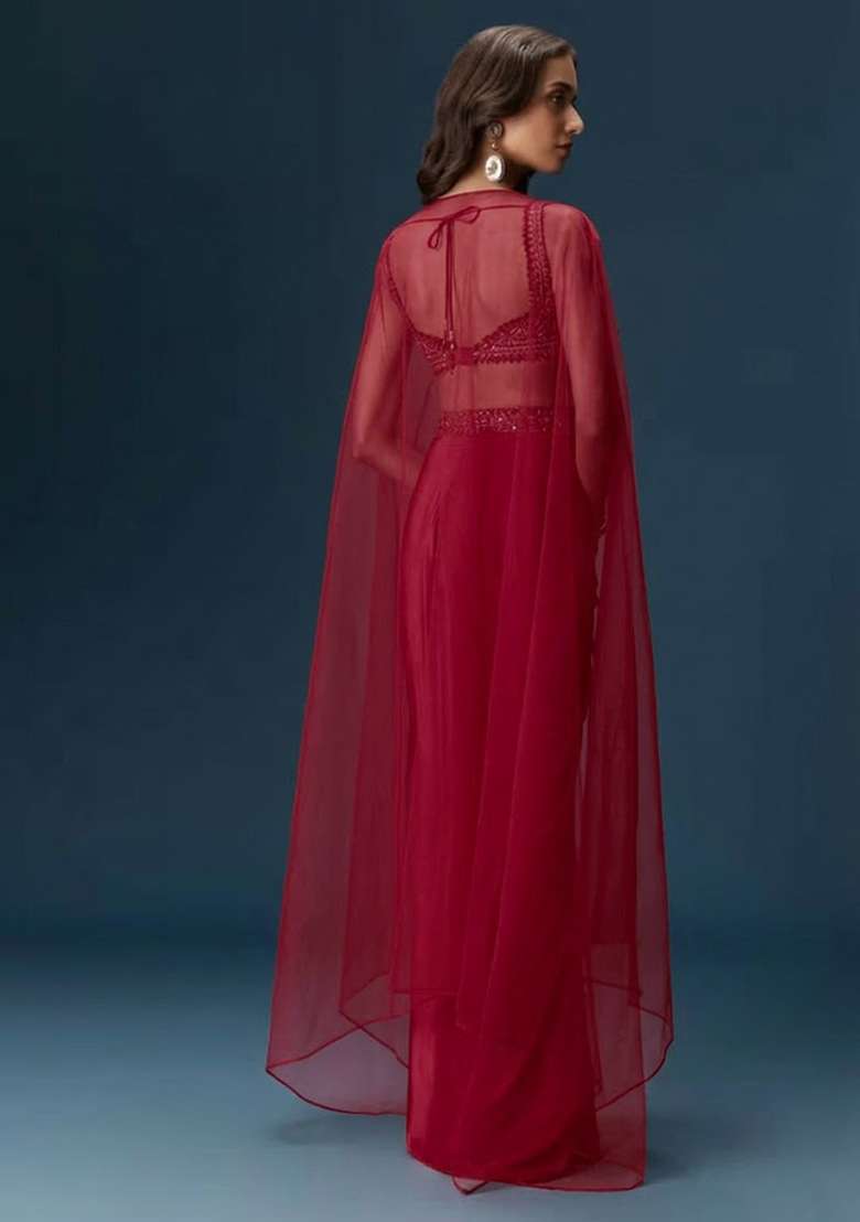 Wine Red Hand Work Satin Fusion Set - Indya