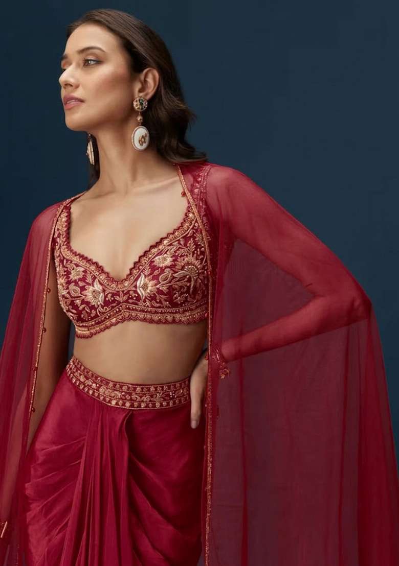 Wine Red Hand Work Satin Fusion Set - Indya