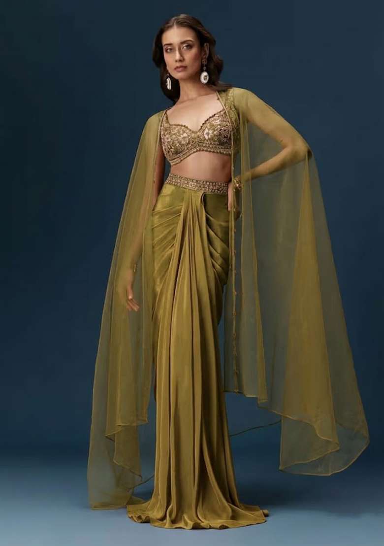 Olive Green Hand Work Satin Fusion Set - Indya