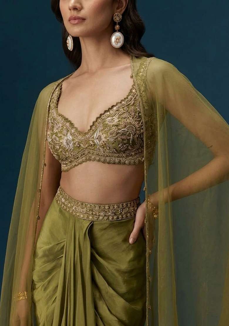 Olive Green Hand Work Satin Fusion Set - Indya