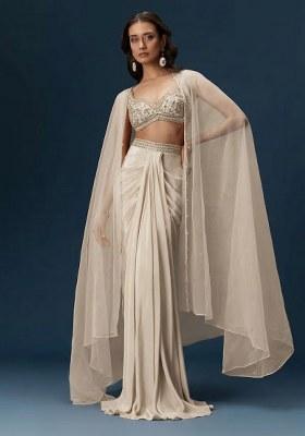 Off White Hand Work Satin Fusion Set