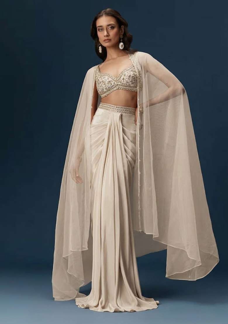 Off White Hand Work Satin Fusion Set - Indya
