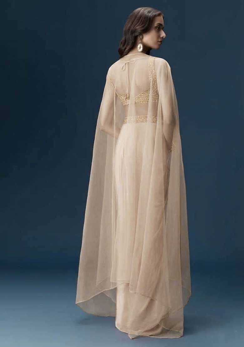 Off White Hand Work Satin Fusion Set - Indya