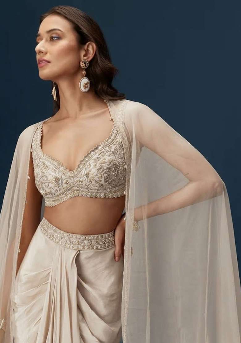 Off White Hand Work Satin Fusion Set - Indya