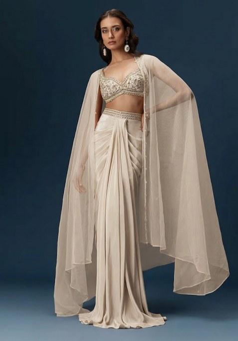 Off White Hand Work Satin Fusion Set