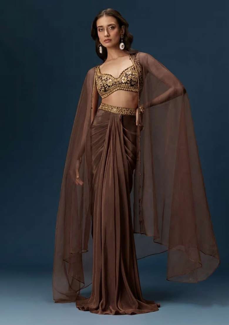 Brown Hand Work Satin Fusion Set - Indya
