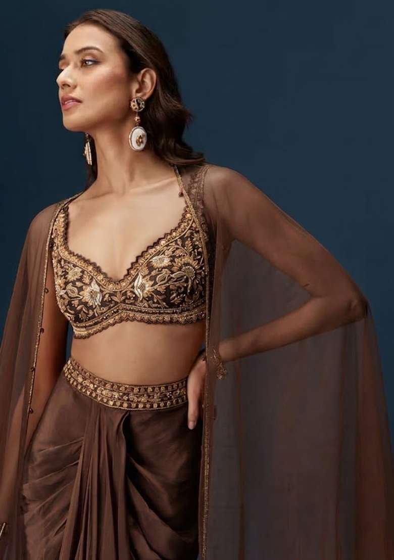 Brown Hand Work Satin Fusion Set - Indya