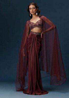 Burgundy Hand Work Satin Fusion Set