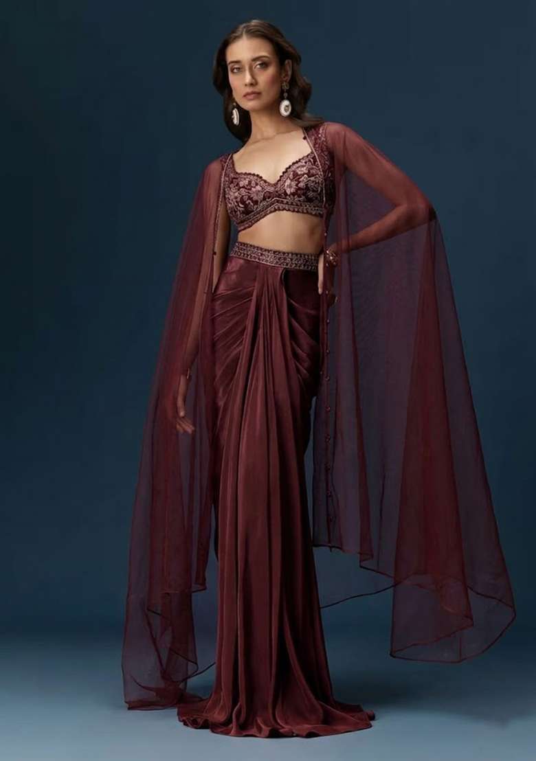 Burgundy Hand Work Satin Fusion Set - Indya