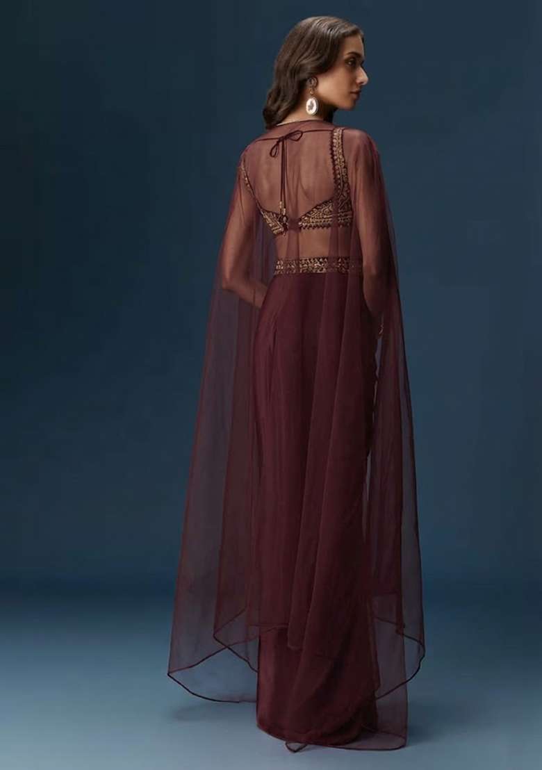 Burgundy Hand Work Satin Fusion Set - Indya