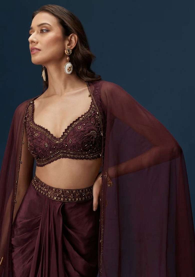 Burgundy Hand Work Satin Fusion Set - Indya