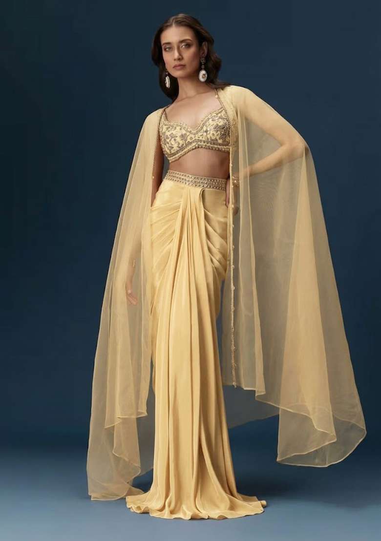 Yellow Hand Work Satin Fusion Set - Indya