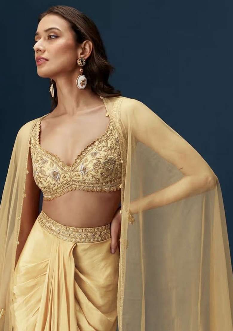 Yellow Hand Work Satin Fusion Set - Indya