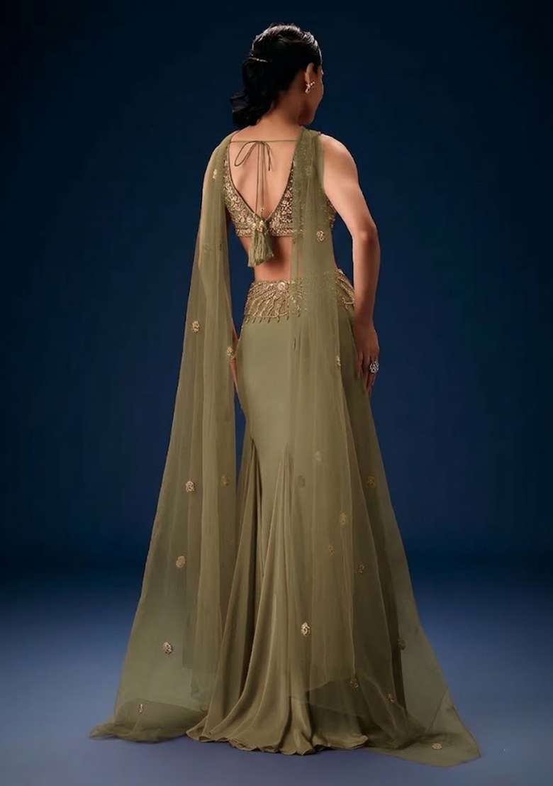 Grey Hand Work Crepe Fusion Set - Indya