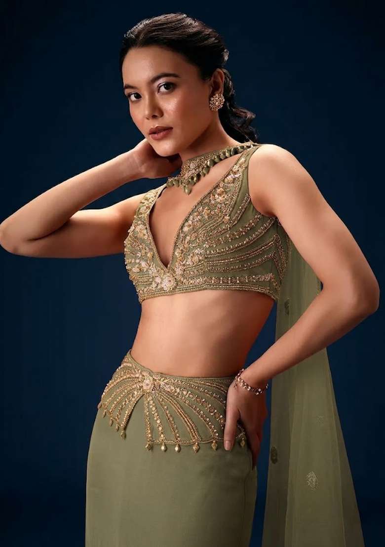 Grey Hand Work Crepe Fusion Set - Indya
