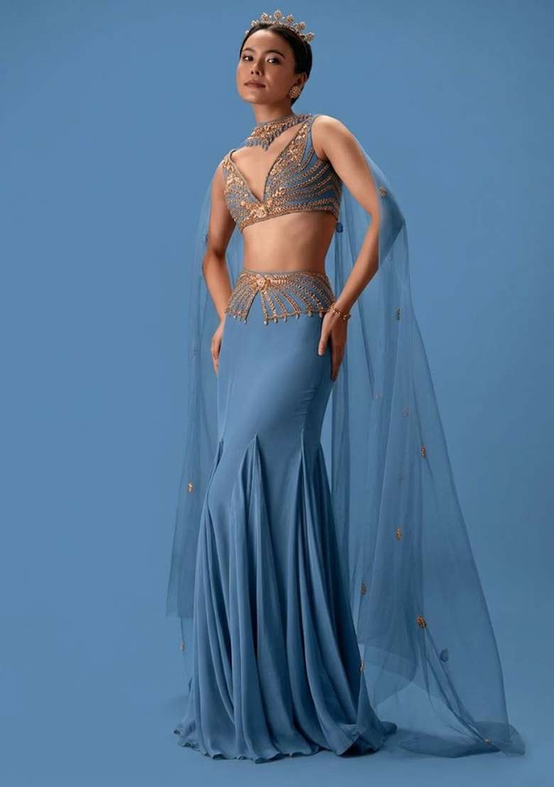 Dusty Blue Hand Work Crepe Fusion Set - Indya