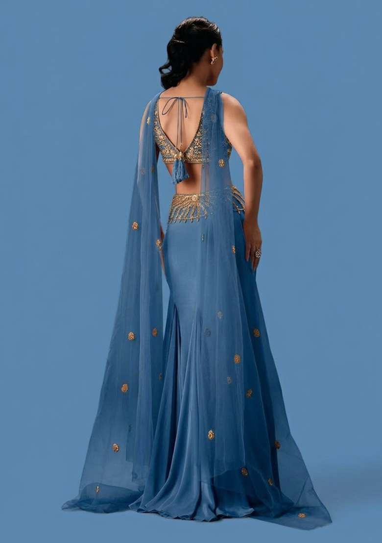 Dusty Blue Hand Work Crepe Fusion Set - Indya