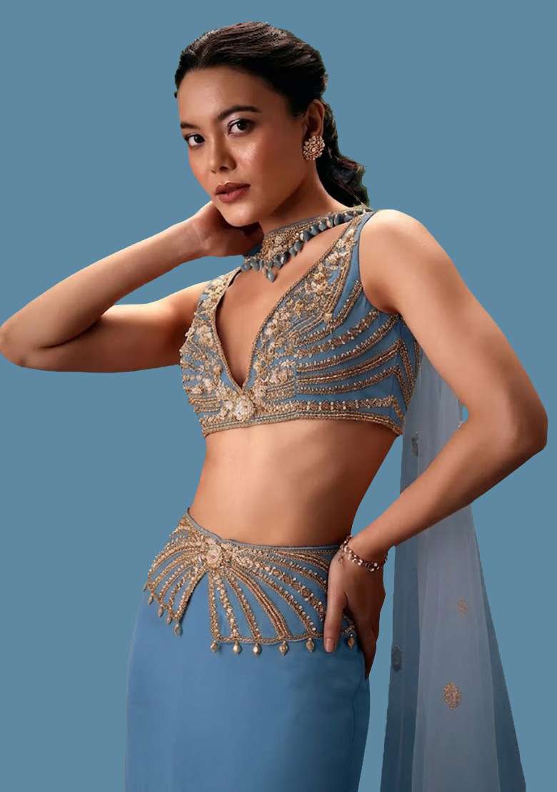 Dusty Blue Hand Work Crepe Fusion Set - Indya