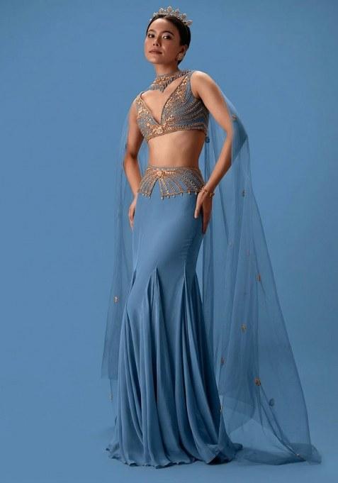 Dusty Blue Hand Work Crepe Fusion Set