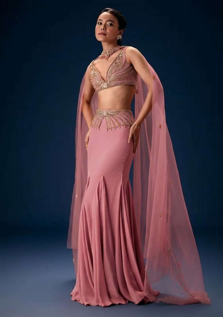 Pink Hand Work Crepe Fusion Set - Indya