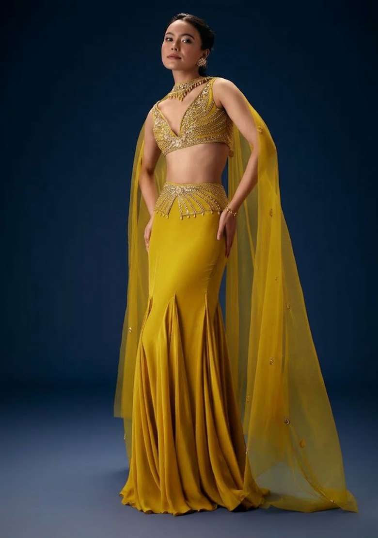 Mustard Green Hand Work Crepe Fusion Set - Indya