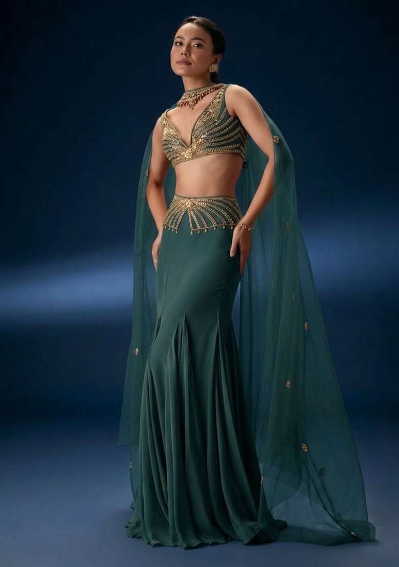 Deep Teal Blue Hand Work Crepe Fusion Set - Indya