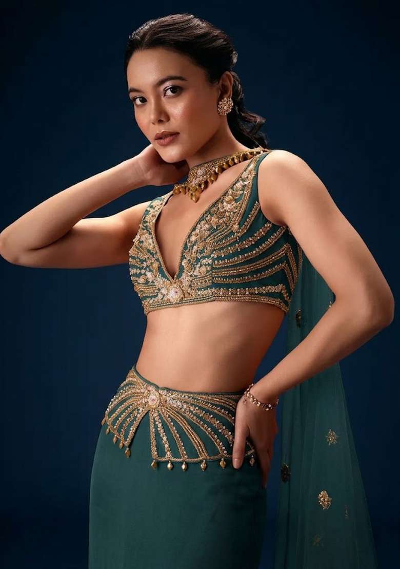 Deep Teal Blue Hand Work Crepe Fusion Set - Indya