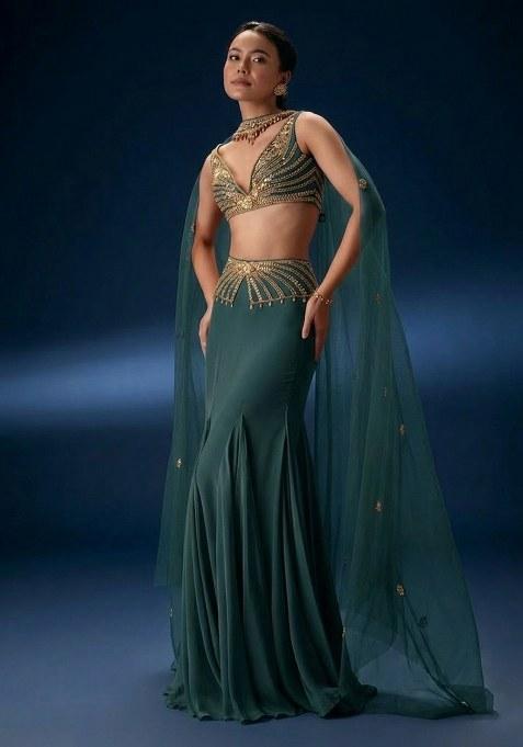 Deep Teal Blue Hand Work Crepe Fusion Set