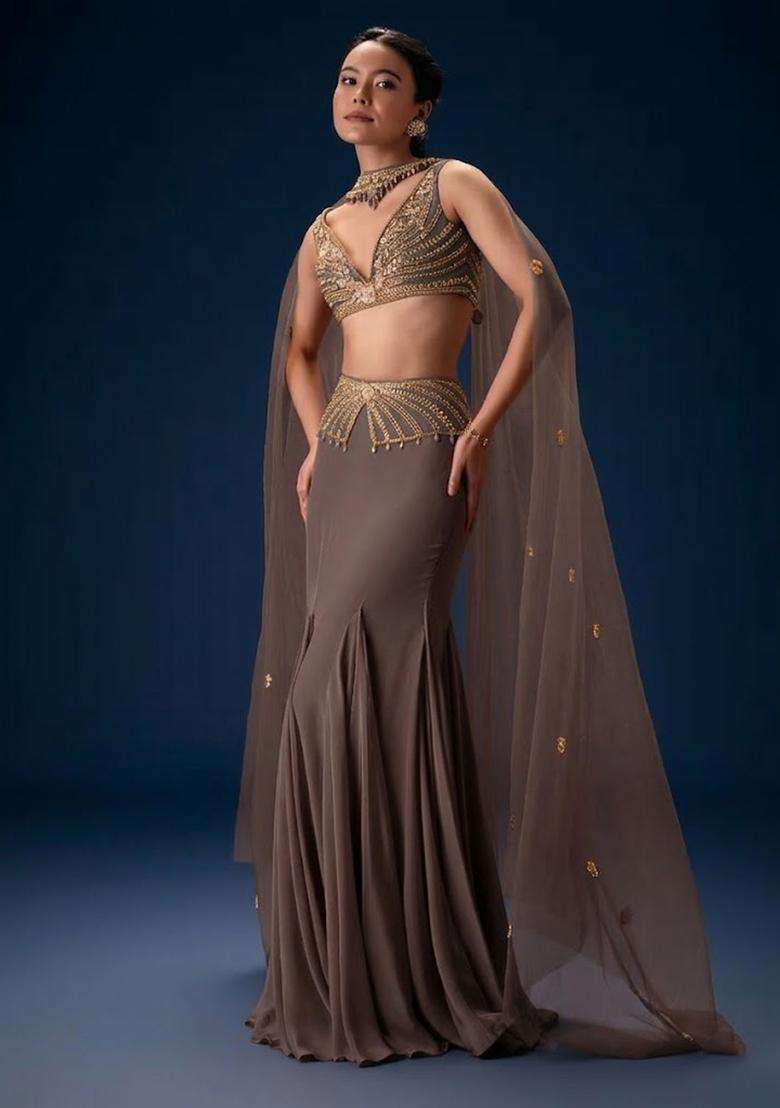 Grey Hand Work Crepe Fusion Set - Indya
