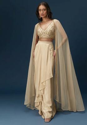 Champagne Beige Hand Work Crepe Fusion Set