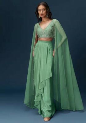 Mint Green Hand Work Crepe Fusion Set