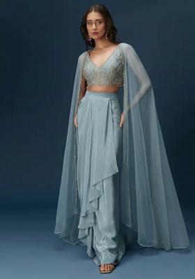 Pastel Blue Hand Work Crepe Fusion Set