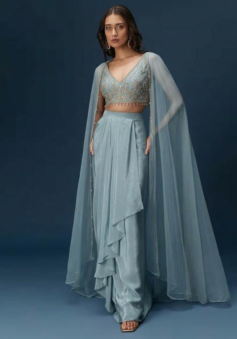 Pastel Blue Hand Work Crepe Fusion Set