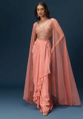 Peach Hand Work Crepe Fusion Set