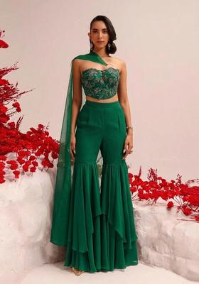 Bottle Green Hand Work Georgette Sharara Set