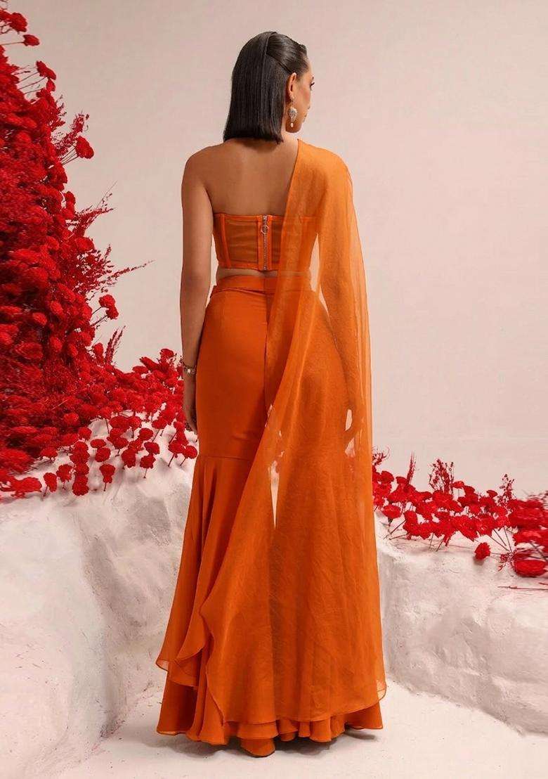 Orange Hand Work Georgette Sharara Set - Indya