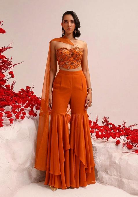 Orange Hand Work Georgette Sharara Set