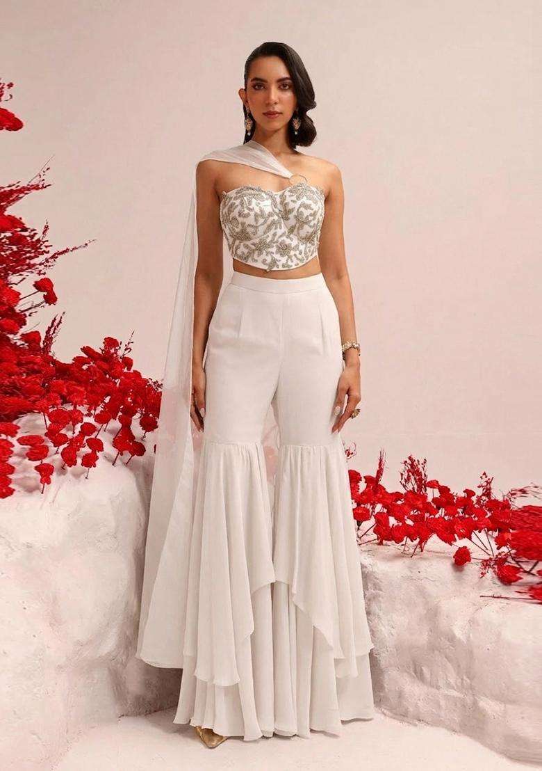 White Hand Work Georgette Sharara Set - Indya