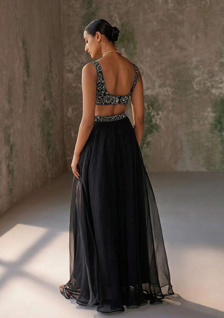 Jet Black Hand Work Organza Lehenga Set - Indya