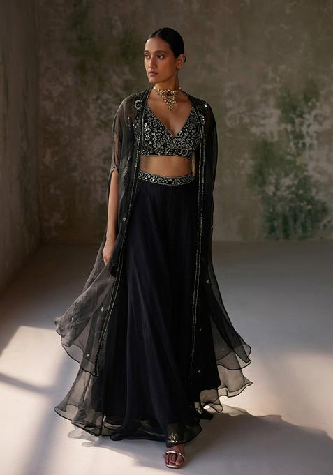 Jet Black Hand Work Organza Lehenga Set