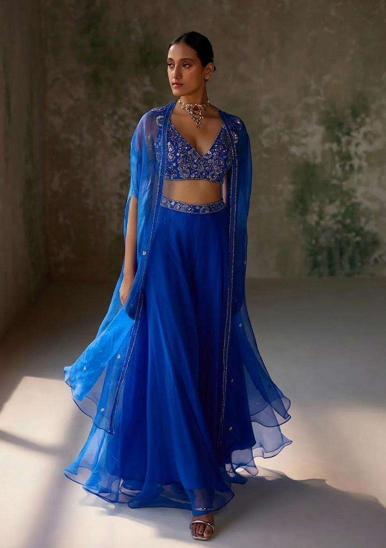 Royal Blue Hand Work Organza Lehenga Set - Indya