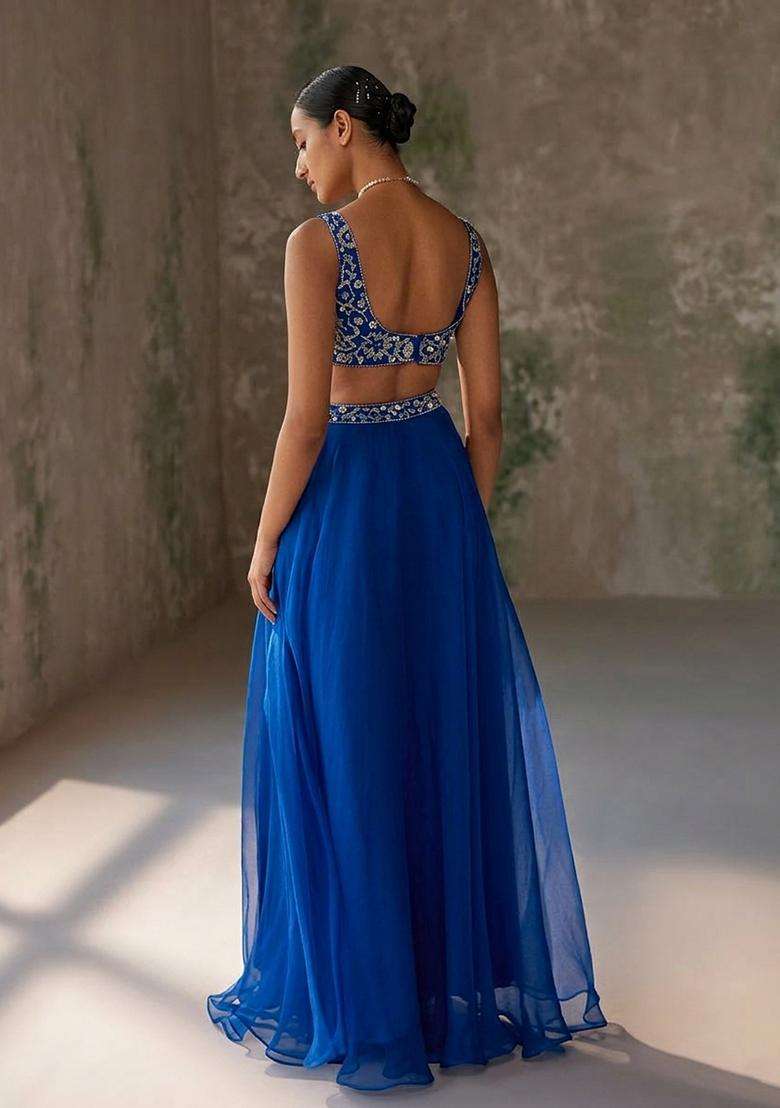 Royal Blue Hand Work Organza Lehenga Set - Indya