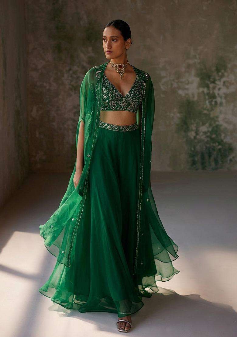 Bottle Green Hand Work Organza Lehenga Set - Indya