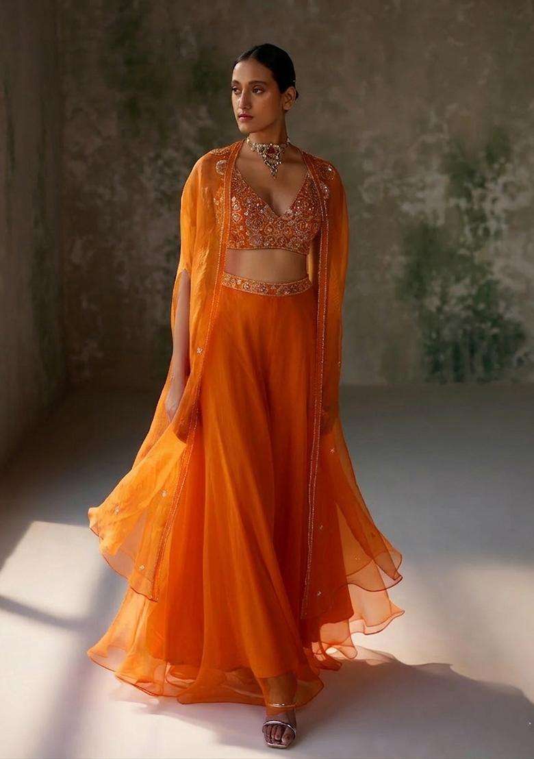Orange Hand Work Organza Lehenga Set - Indya