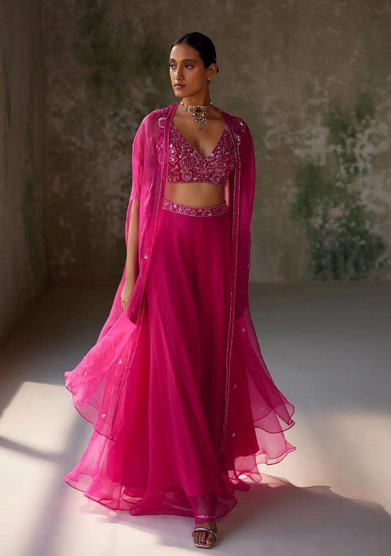 Hot Pink Hand Work Organza Lehenga Set - Indya