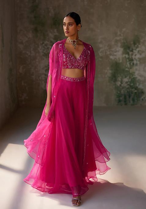 Hot Pink Hand Work Organza Lehenga Set