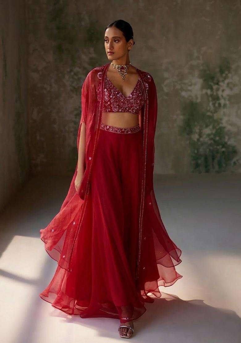 Red Hand Work Organza Lehenga Set - Indya