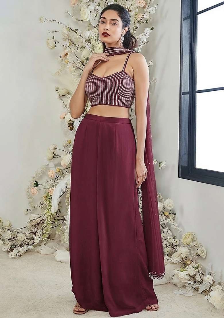 Deep Maroon Hand Work Georgette Fusion Set - Indya
